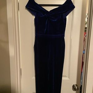 Blue crushed velvet jumpsuit.